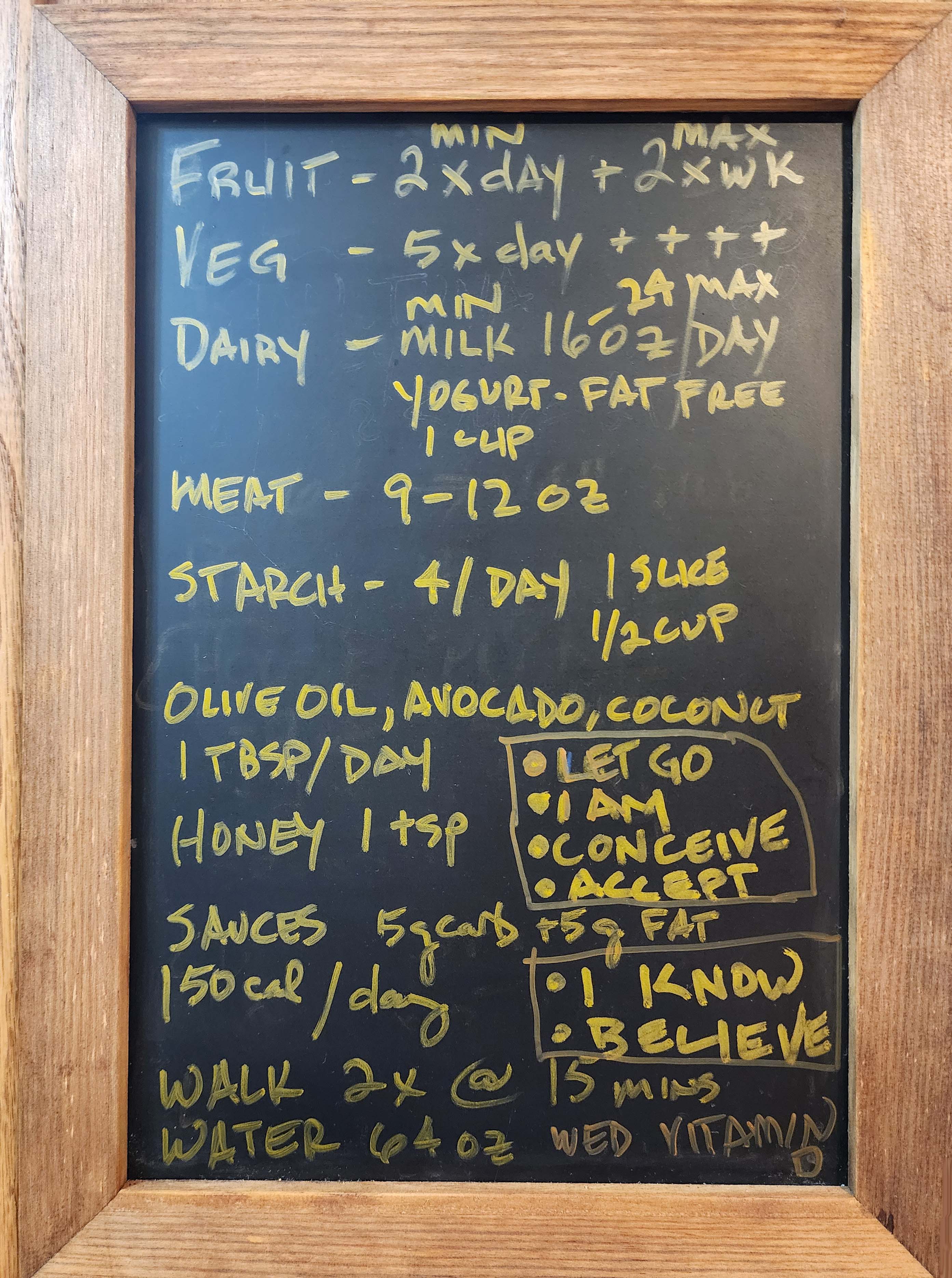 A handwritten kitchen blackboard listing daily food targets: fruit, vegetables, dairy, meat, starch, oils, honey, sauces, walking, and water — plus a set of personal affirmations in the corner.